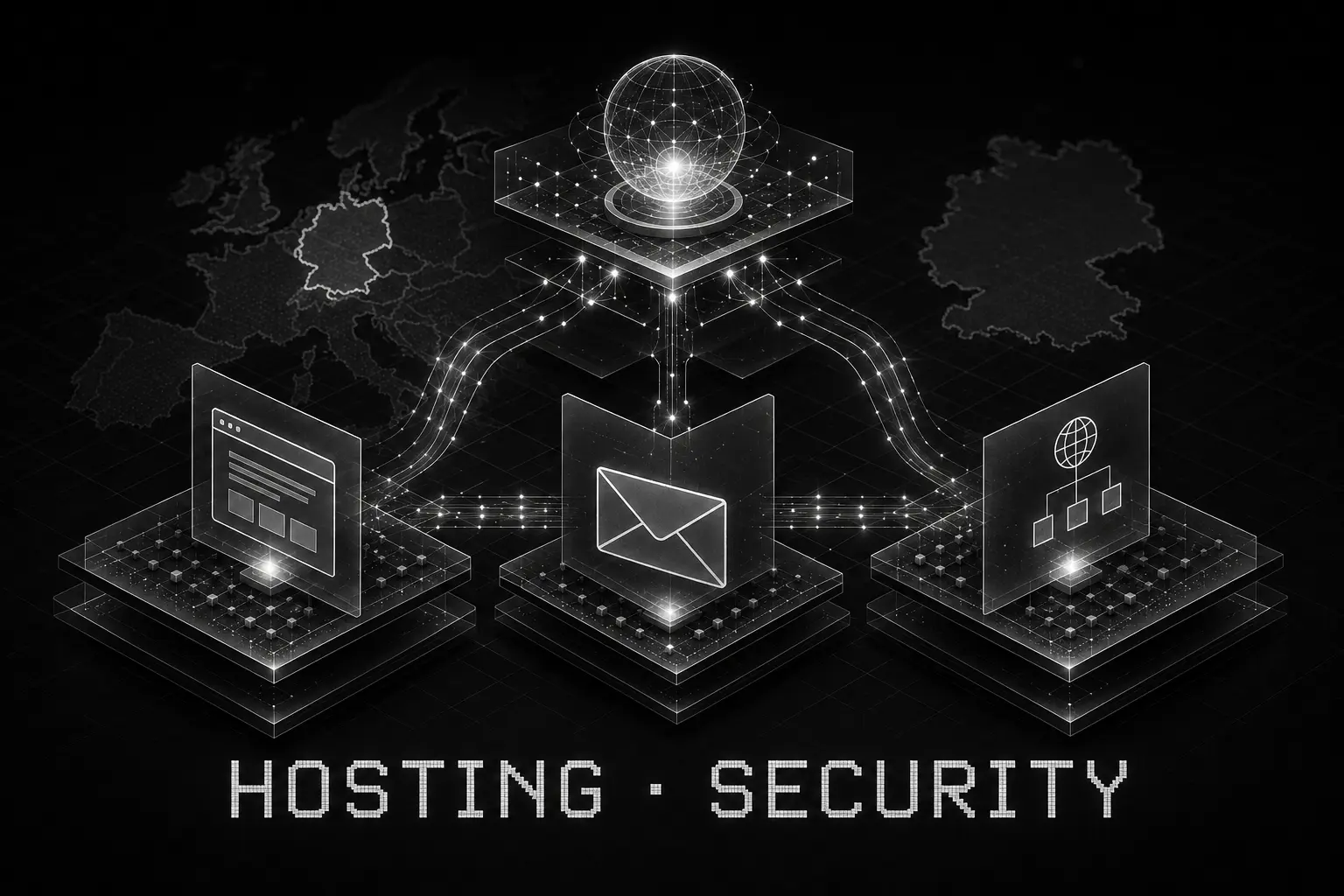 Monochrome Darstellung einer IKT-Infrastruktur fuer Hosting-Security mit Domain sowie getrennt dargestellten Web-, Mail- und Nameservern